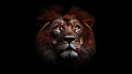 Fototapeta premium Powerful male lion close-up with piercing amber eyes and thick mane on a dark background, symbolizing strength and wildlife beauty