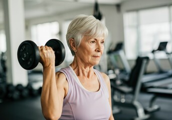 Fototapeta premium Senior woman lifting dumbbell in a gym, showcasing strength and determination