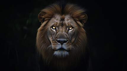 Fototapeta premium Powerful male lion close-up with piercing amber eyes and thick mane on a dark background, symbolizing strength and wildlife beauty