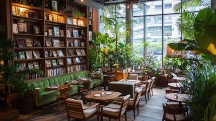 Fototapeta premium A reading nook surrounded by indoor plants and wooden shelving.
