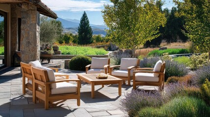 Fototapeta premium A relaxing outdoor patio with wooden furniture and natural fiber cushions.