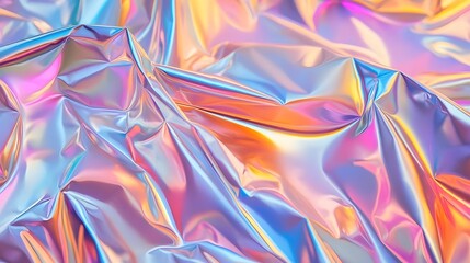 Obraz premium Colorful iridescent crumpled foil texture showcasing vibrant hues and reflections in a dynamic display
