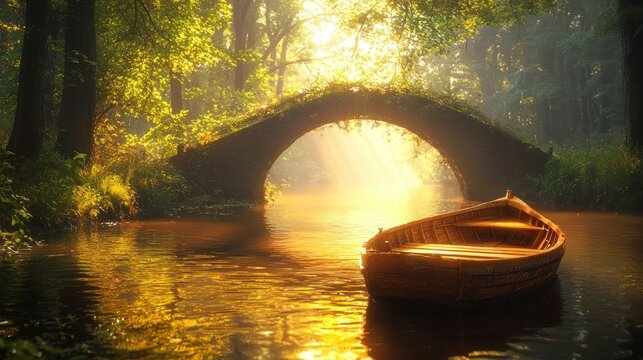 Sunlit Wooden Boat Under Ancient Bridge in Misty Forest