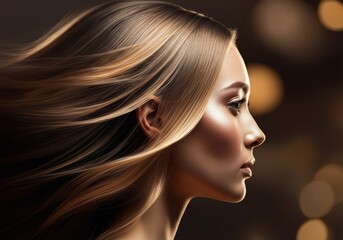 Fototapeta premium Profile of a woman with flowing hair against a blurred background