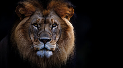 Fototapeta premium Majestic male lion portrait with intense amber eyes and thick mane against a dramatic black background, perfect for wildlife and conservation themes