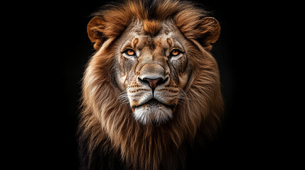 Fototapeta premium Majestic male lion portrait with intense amber eyes and thick mane against a dramatic black background, perfect for wildlife and conservation themes