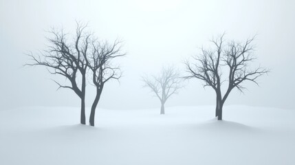 Fototapeta premium Snow covered landscape with leafless trees in winter fog