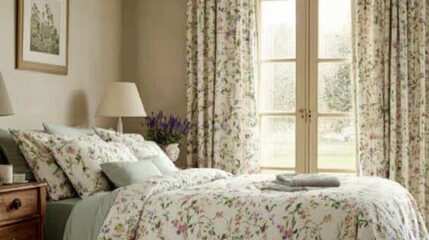 A stylish bedroom featuring botanical prints and soft lavender bedding.