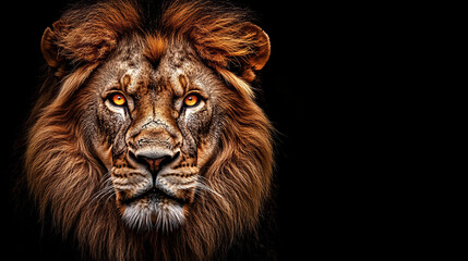 Fototapeta premium Majestic male lion portrait with intense amber eyes and thick mane against a dramatic black background, perfect for wildlife and conservation themes