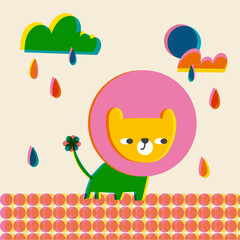  Retro lion cat risograph vintage postcard poster childish cute design. Vintage grunge style illustration.