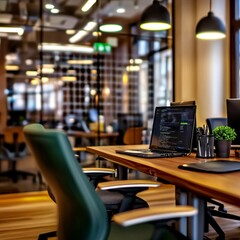 Modern office workspace, programmers coding, wood desk, blurred background