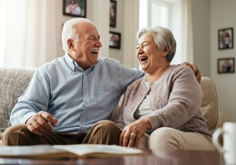 Happy elderly couple laughing together on a cozy sofa at home