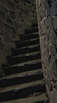 A person ascends a set of weathered stone stairs inside a historic building. The atmosphere is enhanced by soft lighting illuminating the wall and creating deep shadows.