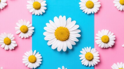 Obraz premium Colorful daisies arranged on vibrant blue and pink backgrounds, cheerful display