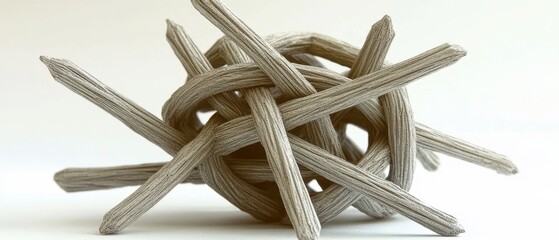Artistic arrangement of wooden sticks, abstract natural sculpture, earthy tones, textured surface.