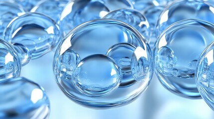 Blue water droplets reflecting light on a smooth surface, serene atmosphere