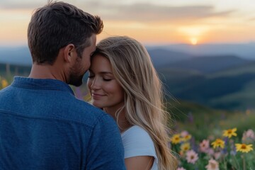 A loving couple embraces during sunset, surrounded by blooming flowers, symbolizing romance and deep emotional connection in a breathtaking natural setting.