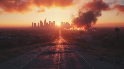 Obraz premium Apocalyptic cityscape with a deserted road leading to a burning skyline under a dramatic sunset, evoking destruction and chaos