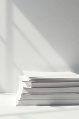 A Stack of Blank Paper Illuminated by Sunlight on a White Surface