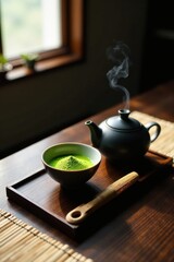 Serene Tea Ceremony Preparing a Bowl of Powdered Green Tea with a Steaming Teapot on a Wooden Tray