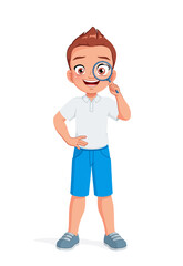 Young boy looking through a magnifying glass. Cartoon vector illustration.