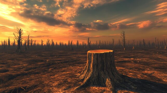 Apocalyptic Sunset: A Lone Tree Stump in a Desolate Forest - Powered by Adobe