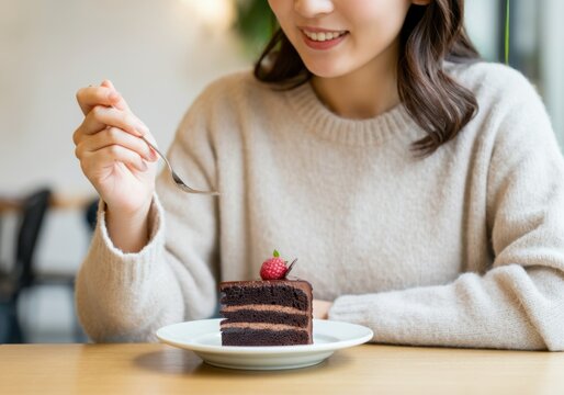 Woman enjoying a slice of chocolate cake with a strawberry on top