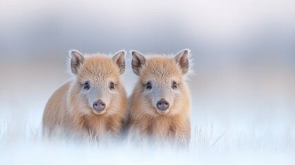 Fototapeta premium Two Golden Piglets in Snowy Field