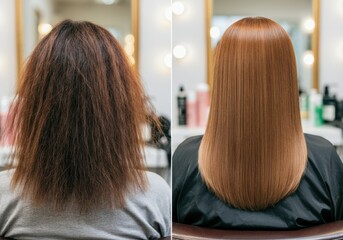 Fototapeta premium Before and after hair transformation showcasing sleek, straight hair