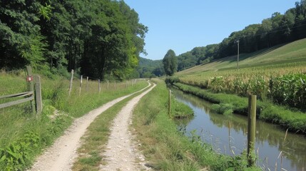 Tranquil green fields and calm waterway beneath a clear blue sky in nature s splendor