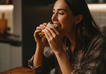 Woman enjoying a delicious sandwich in a cozy kitchen setting