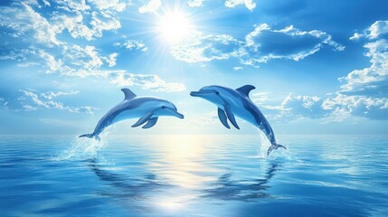 Fototapeta premium A playful dolphin leaps from shimmering deep blue-green waves, its vibrant body a brighter blue as it arcs gracefully toward the horizon