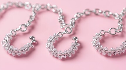 Elegant silver jewelry displayed on soft pink background, intricate design