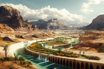 Futuristic Desert Landscape Featuring Advanced Irrigation Techniques to Sustain Agriculture in Arid Conditions