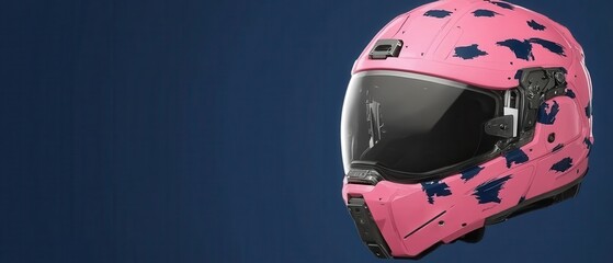 Fototapeta premium Vibrant pink helmet with polka dots on a dark background, playful design