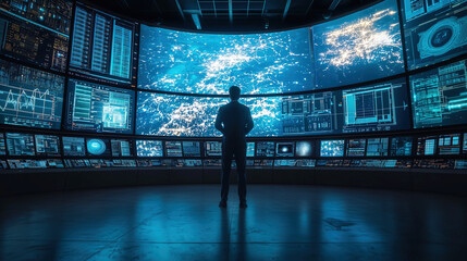 Futuristic Data Center Control Room A Silhouette of a Man Observing Global Network and Data Streams on Massive Screens   Concept of Digital Transformation and Modern Technology