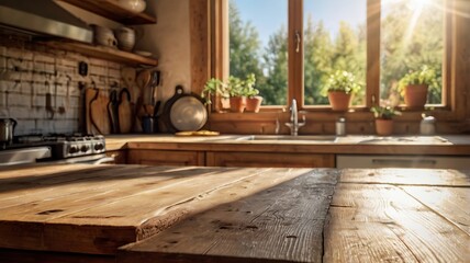 Bleached Rustic Wooden Table Top with Blurred Summer Kitchen Window