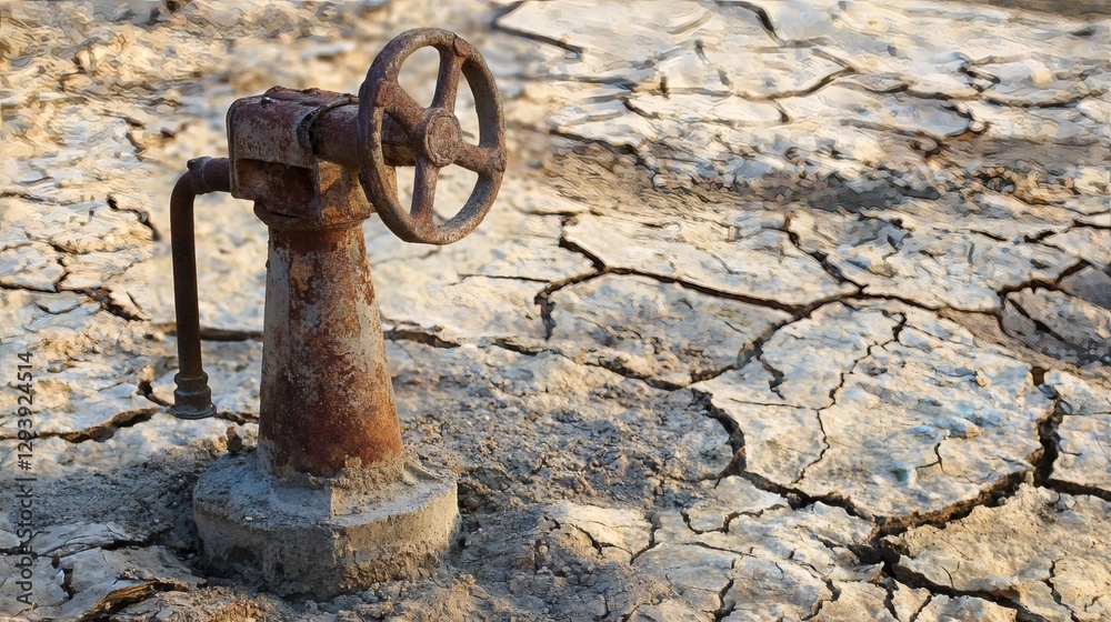 Poster isolated image of a rusty water pump placed on a cracked ground, side copy space