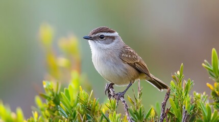 Singing sparrow perched on greenery in natural habitat