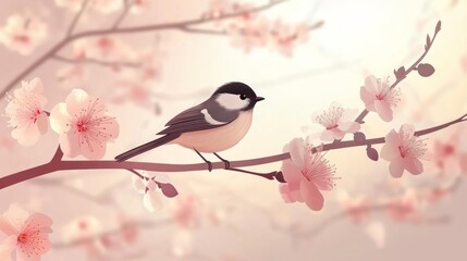 Fototapeta premium Chickadee bird perched on cherry blossom branch amid soft pink petals
