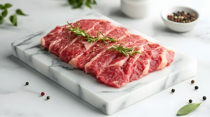 Fototapeta premium Fresh raw beef steak garnished with rosemary on marble