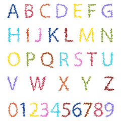 Colors font alphabet letters. Crayon kids font, doodle funny playful alphabet, hand drawn letters and numbers. Vector illustration