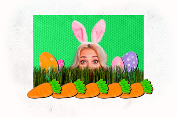 Creative collage picture young cute girl peek look hide green grass carrot vegan harvest painted eggs easter celebration