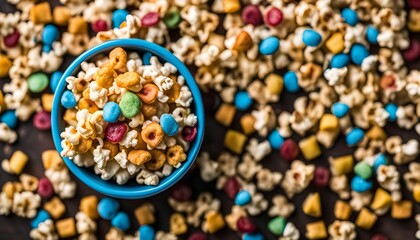 Colorful Snack Mix with Popcorn, Candy and Cereal