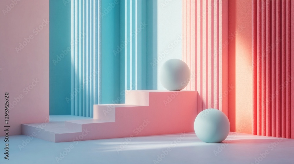 Poster soft light illuminates a serene space filled with pastel columns and elegant spheres. the calming bl