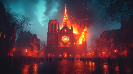 Fototapeta premium Burning Cathedral at Night in Paris