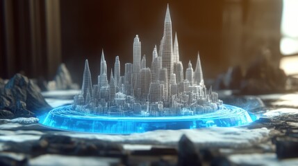 Futuristic ice castle with vibrant blue glow, intricate crystal structures