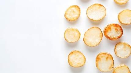 Sliced and roasted potatoes arranged on a clean white background