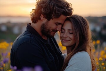 Obraz premium A couple stands in a vibrant flower field, enjoying a tender moment as they lean their foreheads together, illuminated by the warm and beautiful colors of the sunset.