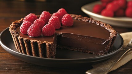 Decadent chocolate tart with fresh raspberries on rustic plate